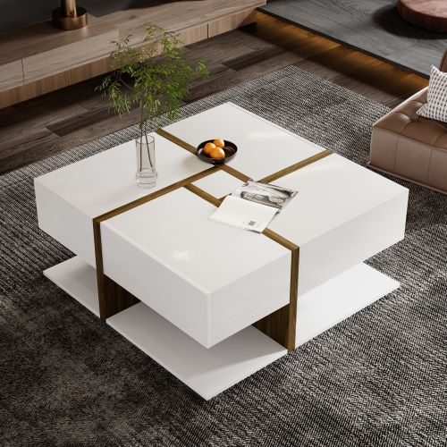 Table Basse Brillante Avec Quatre Tiroirs Et Espace De Rangement Sous La Table,dimensions:78×78×36cm