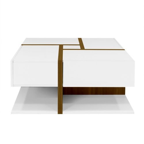 Table Basse Brillante Avec Quatre Tiroirs Et Espace De Rangement Sous La Table,dimensions:78×78×36cm