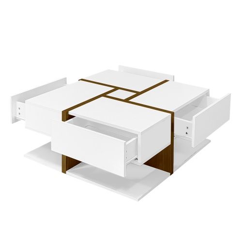 Table Basse Brillante Avec Quatre Tiroirs Et Espace De Rangement Sous La Table,dimensions:78×78×36cm