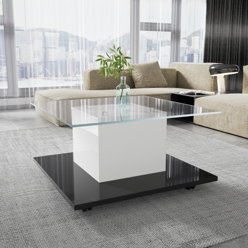 Table Basse, Table Basse En Verre Brillant, Table Basse Mobile Avec Roulettes, Blanc + Noir