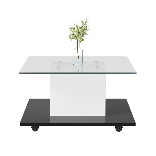 Table Basse, Table Basse En Verre Brillant, Table Basse Mobile Avec Roulettes, Blanc + Noir