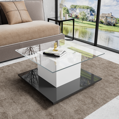 Table Basse, Table Basse En Verre Brillant, Table Basse Mobile Avec Roulettes, Blanc + Noir