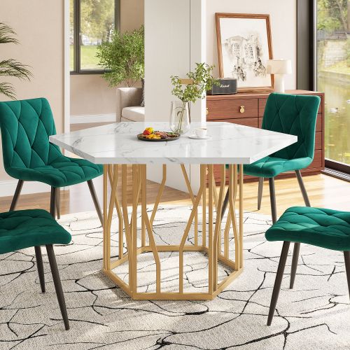 Table à Manger Hexagonale En Marbre Avec Piètement En Métal Doré