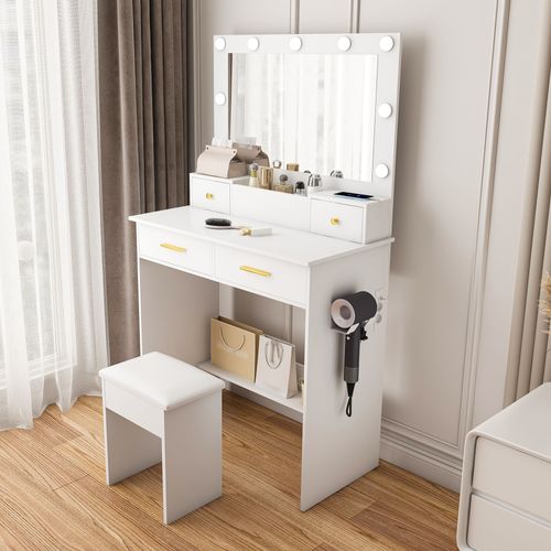Coiffeuse Avec LED 3 Couleurs, Prise Intégrée, 4 Tiroirs, Tabouret Inclus, Blanc 80×137×40 Cm