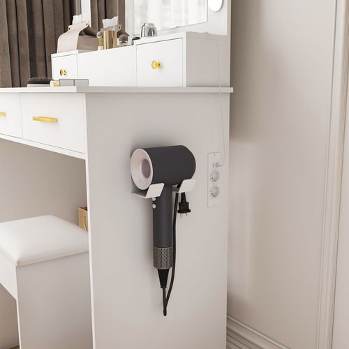 Coiffeuse Avec LED 3 Couleurs, Prise Intégrée, 4 Tiroirs, Tabouret Inclus, Blanc 80×137×40 Cm