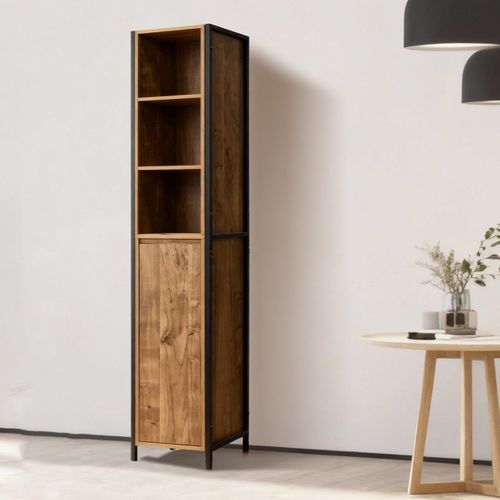 Armoire Haute Effet Bois Mango 30x28x167,5 Cm, Cadre Métal Noir, Avec Portes Et Étagères