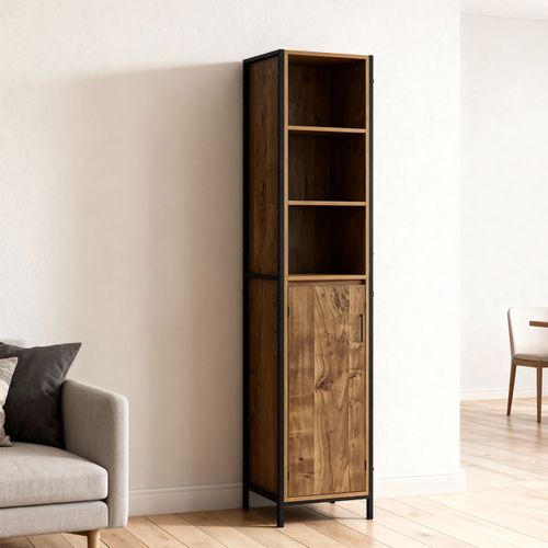 Armoire Haute Effet Bois Mango 30x28x167,5 Cm, Cadre Métal Noir, Avec Portes Et Étagères