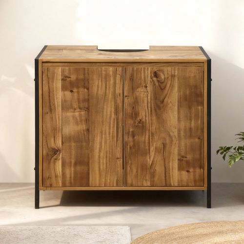 Meuble De Salle De Bain Effet Bois Mango 70x40x65 Cm, Cadre Métal Noir, Style Industriel