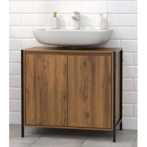 Meuble De Salle De Bain Effet Bois Mango 70x40x65 Cm, Cadre Métal Noir, Style Industriel