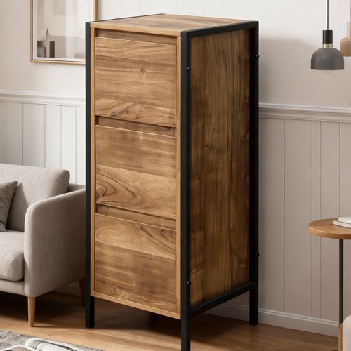 Meuble à 3 Tiroirs Effet Bois Mango 30x30x80 Cm, Cadre Métal Noir, Style Industriel