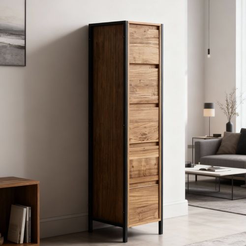 Meuble Haut à 5 Tiroirs Effet Bois Mango 30x30x125,4 Cm, Cadre Métal Noir Industriel