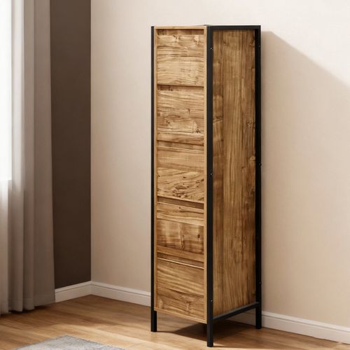 Meuble Haut à 5 Tiroirs Effet Bois Mango 30x30x125,4 Cm, Cadre Métal Noir Industriel