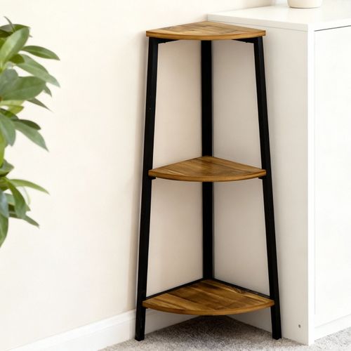 Étagère D’angle 3 Niveaux Effet Bois Mango 23x23x76 Cm, Cadre Métal Noir Industriel