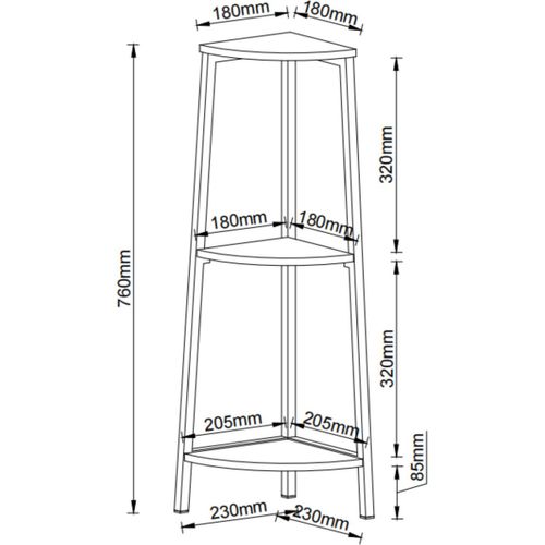 Étagère D’angle 3 Niveaux Effet Bois Mango 23x23x76 Cm, Cadre Métal Noir Industriel