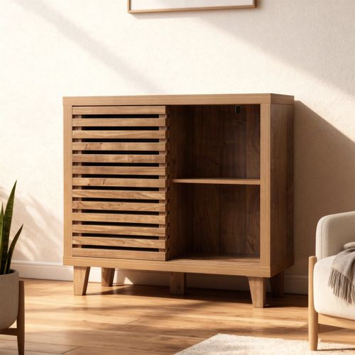 Buffet Compact 80x29x88,7 Cm Effet Bois, Mdf Et Pb, Portes à Grille, Rangement Pratique