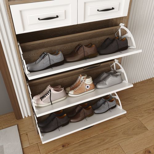 Meuble à Chaussures 80x23,5x131 Cm, 3 Portes Basculantes, 2 Tiroirs– Entrée Moderne