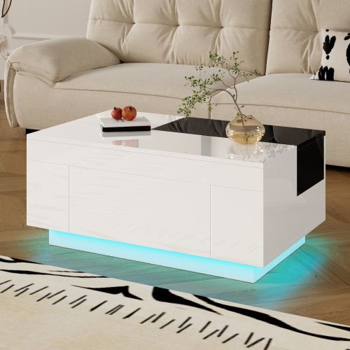Table Basse Brillante Avec Éclairage LED, Plateau Extensible Noir Et Blanc, Blanc.