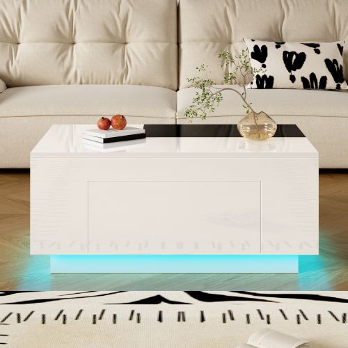 Table Basse Brillante Avec Éclairage LED, Plateau Extensible Noir Et Blanc, Blanc.