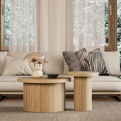 Table Basse, Table Ronde Pour Deux, Table D'appoint Avec Plateaux En Bois Naturel