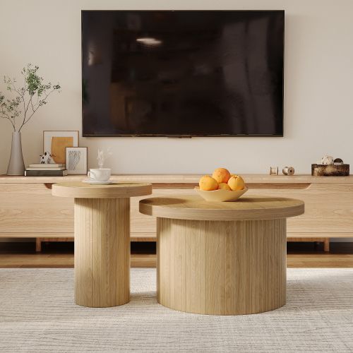 Table Basse, Table Ronde Pour Deux, Table D'appoint Avec Plateaux En Bois Naturel