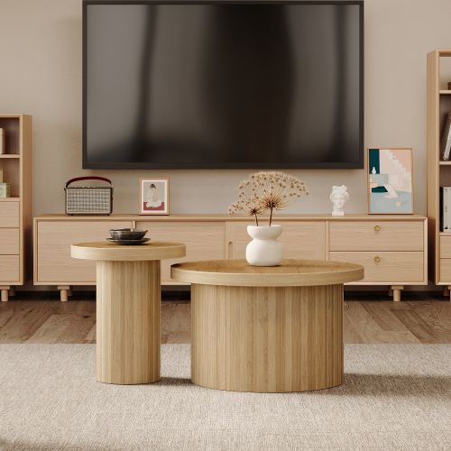 Table Basse, Table Ronde Pour Deux, Table D'appoint Avec Plateaux En Bois Naturel