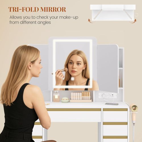 Coiffeuse Avec Miroir Triple, Luminosité Réglable, Coiffeuse Avec Prise, Support Pour Sèche-cheveux