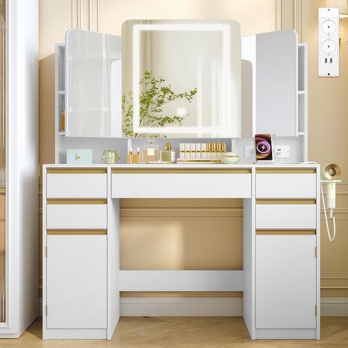 Coiffeuse Avec Miroir Triple, Luminosité Réglable, Coiffeuse Avec Prise, Support Pour Sèche-cheveux