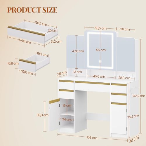 Coiffeuse Avec Miroir Triple, Luminosité Réglable, Coiffeuse Avec Prise, Support Pour Sèche-cheveux