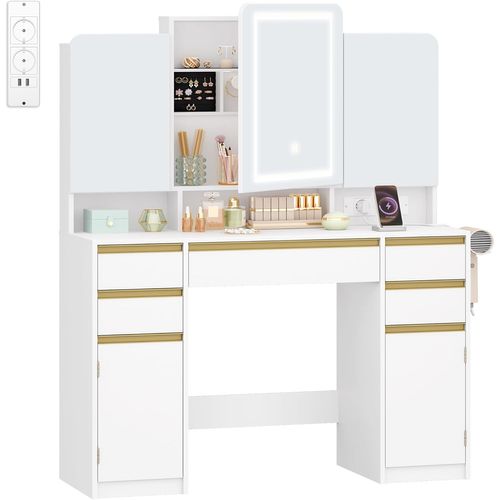 Coiffeuse Avec Miroir Triple, Luminosité Réglable, Coiffeuse Avec Prise, Support Pour Sèche-cheveux