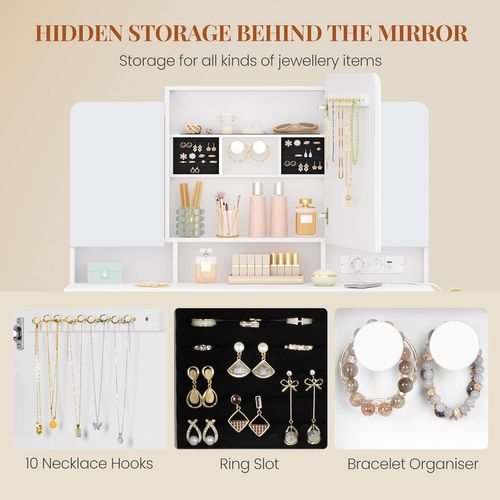 Coiffeuse Avec Miroir Triple, Luminosité Réglable, Coiffeuse Avec Prise, Support Pour Sèche-cheveux