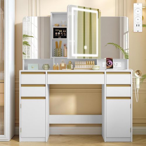 Coiffeuse Avec Miroir Triple, Luminosité Réglable, Coiffeuse Avec Prise, Support Pour Sèche-cheveux