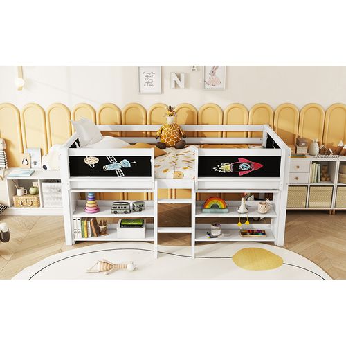 Lit Enfant Lit Mezzanine 90 X 200 Cm Avec Étagères Pour Le Rangement, Échelle, Pin＋mdf, Blanc