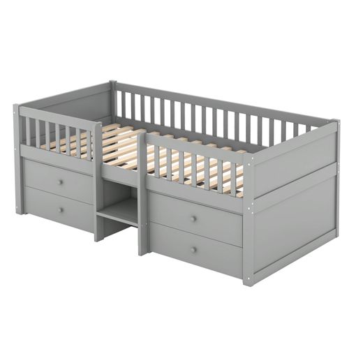 Lit 90 X 200 Cm Lit Enfant Avec 4 Tiroirs Et Barrières, Bois, Gris