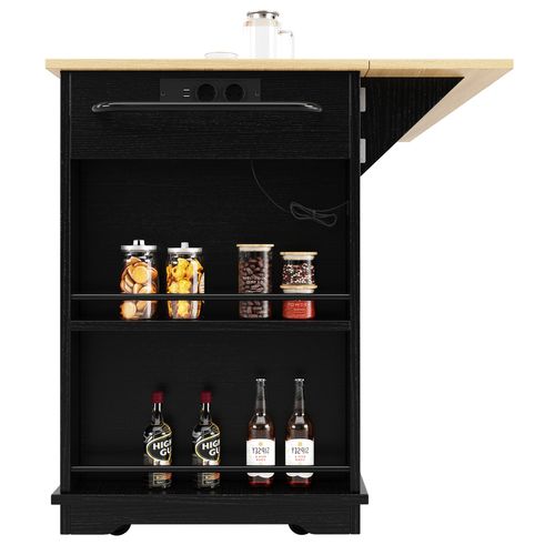 Chariot De Salle à Manger/buffet Avec Veinure De Bois, Multiprise, Roues, Plan De Travail, Noir