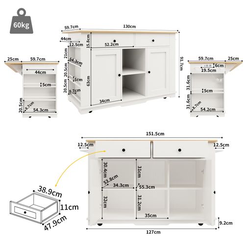 Chariot De Salle à Manger/buffet Avec Veinure De Bois, Multiprise, Roues, Plan De Travail, Blanc