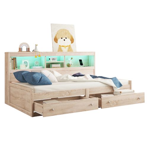 Lit Enfant Lit Banquette 90x200cm Avec LED Et 2 Prise USB, 2 Tiroirs, Bois, Couleur Naturelle