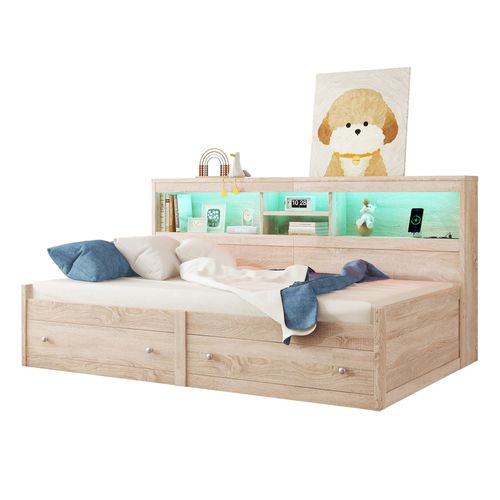 Lit Enfant Lit Banquette 90x200cm Avec LED Et 2 Prise USB, 2 Tiroirs, Bois, Couleur Naturelle