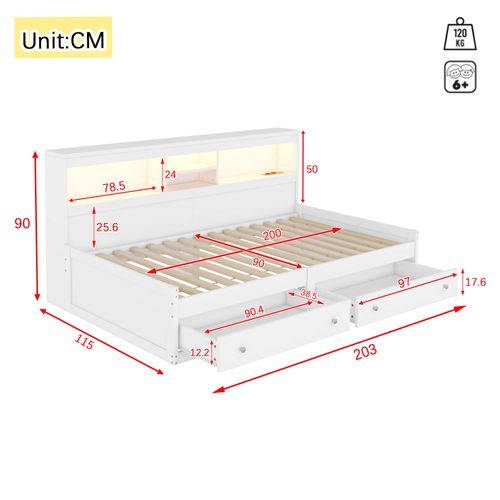 Lit Enfant Lit Banquette 90x200cm Avec LED Et 2 Prise USB, 2 Tiroirs, Mdf, Blanc
