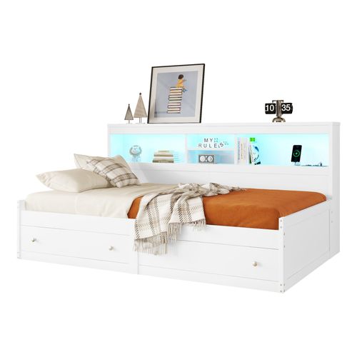 Lit Enfant Lit Banquette 90x200cm Avec LED Et 2 Prise USB, 2 Tiroirs, Mdf, Blanc