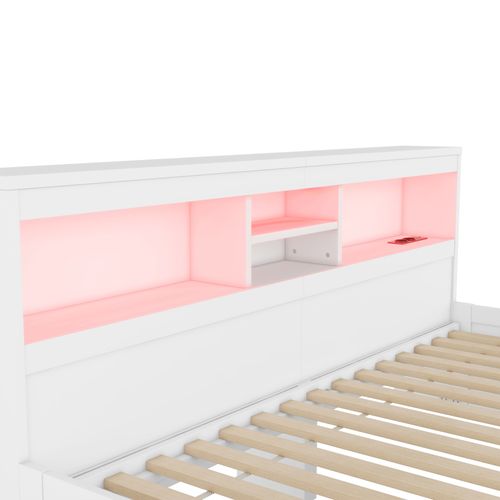Lit Enfant Lit Banquette 90x200cm Avec LED Et 2 Prise USB, 2 Tiroirs, Mdf, Blanc
