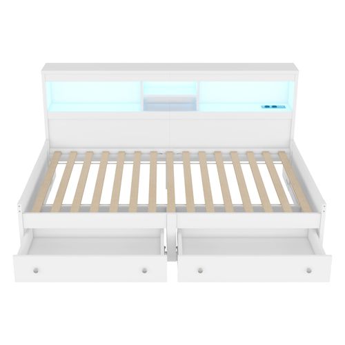 Lit Enfant Lit Banquette 90x200cm Avec LED Et 2 Prise USB, 2 Tiroirs, Mdf, Blanc