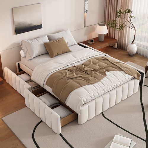 Lit Double Capitonné 140x200 Cm, Lit Adulte Avec 4 Tiroirs, Velours, Beige