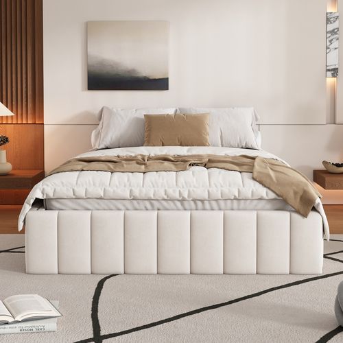Lit Double Capitonné 140x200 Cm, Lit Adulte Avec 4 Tiroirs, Velours, Beige