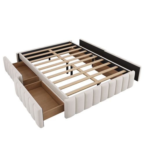 Lit Double Capitonné 140x200 Cm, Lit Adulte Avec 4 Tiroirs, Velours, Beige