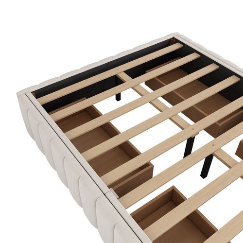 Lit Double Capitonné 140x200 Cm, Lit Adulte Avec 4 Tiroirs, Velours, Beige