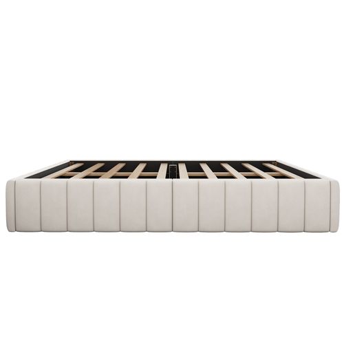 Lit Double Capitonné 140x200 Cm, Lit Adulte Avec 4 Tiroirs, Velours, Beige