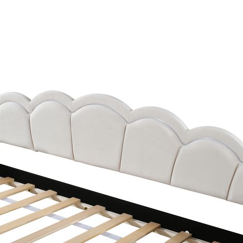 Lit Enfant Lit Gigogne 90x200 Cm, Lumière Ambiante Changeante, Télécommande, Velours, Beige + Blanc