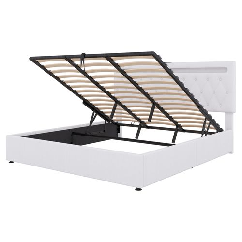 Lit Coffre 180x200 Cm Lit Adulte Avec USB Et Type-c, LED, Télécommande 24 Touches, Lin, Blanc