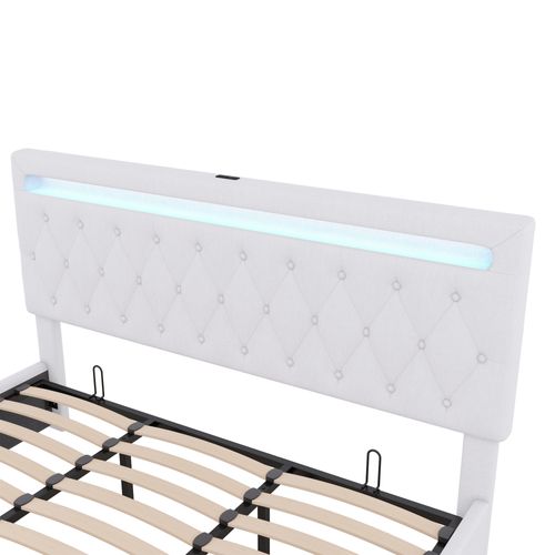 Lit Coffre 180x200 Cm Lit Adulte Avec USB Et Type-c, LED, Télécommande 24 Touches, Lin, Blanc