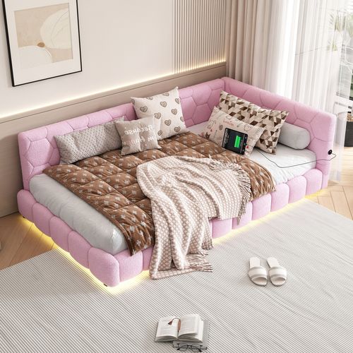 Lit Enfant LED 90x200 Cm, Avec Port USB, Type-c, Imitation Laine, Rose